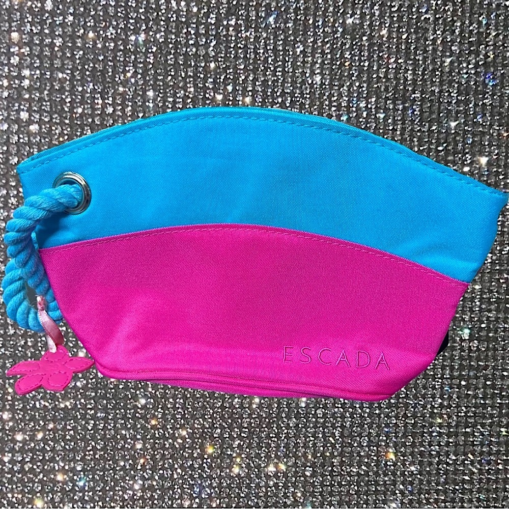 Escada makeup bag cosmetic pouch bubble gum pink blue rope flower charm cute